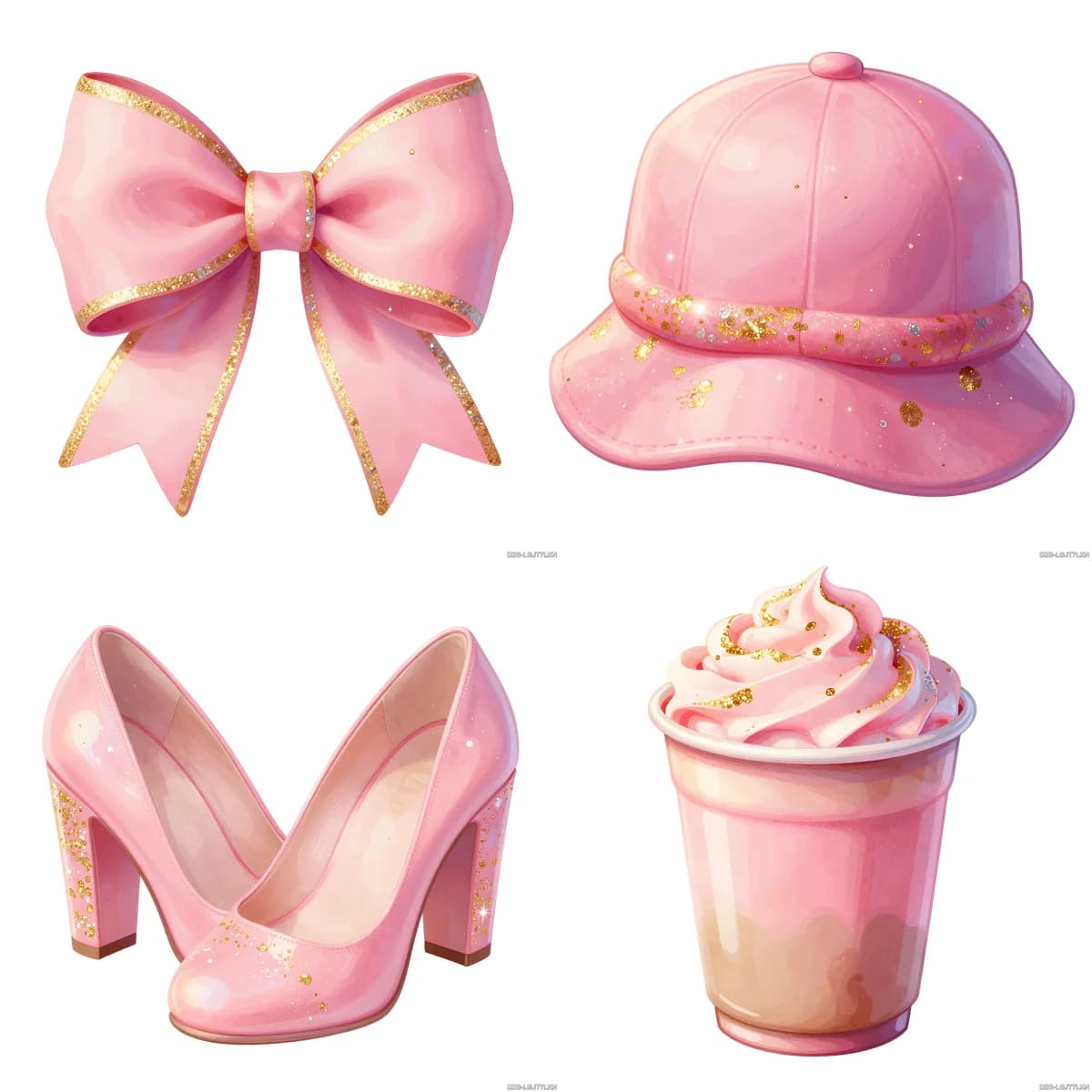 Pink Glitter Glam Bundle: Bow, Cap, Heels & Milkshake Clipart